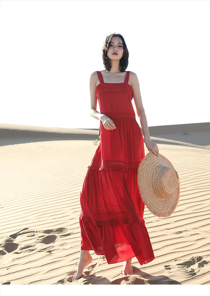 Chic Fairy Beach Seaside Scoop neck Shoulder Strap Sleeveless Big Long Maxi Cake Dress