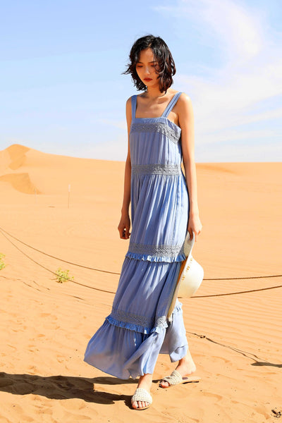 Chic Fairy Beach Seaside Scoop neck Shoulder Strap Sleeveless Big Long Maxi Cake Dress