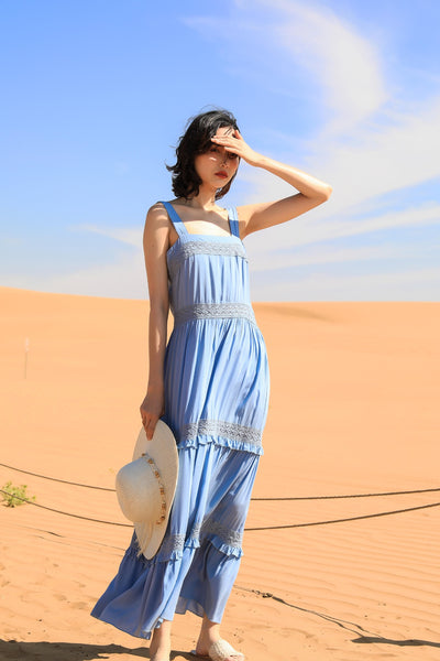 Chic Fairy Beach Seaside Scoop neck Shoulder Strap Sleeveless Big Long Maxi Cake Dress