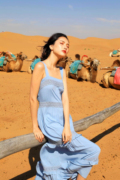 Chic Fairy Beach Seaside Scoop neck Shoulder Strap Sleeveless Big Long Maxi Cake Dress