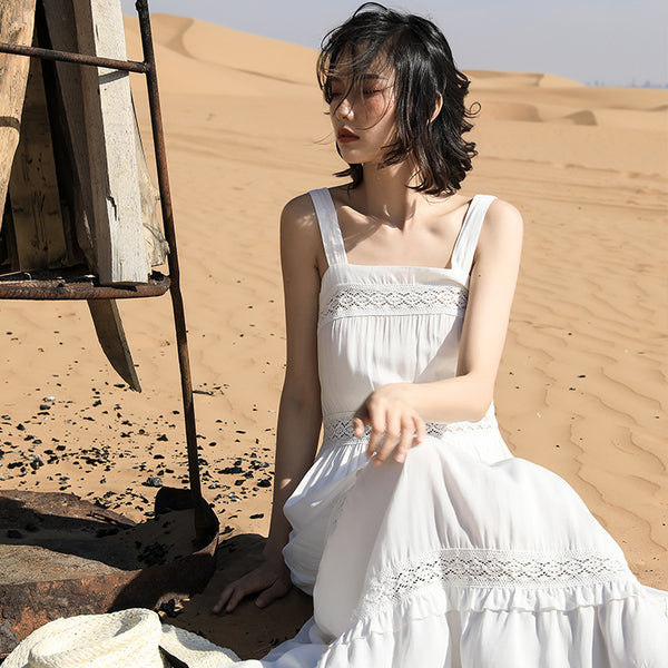 Chic Fairy Beach Seaside Scoop neck Shoulder Strap Sleeveless Big Long Maxi Cake Dress