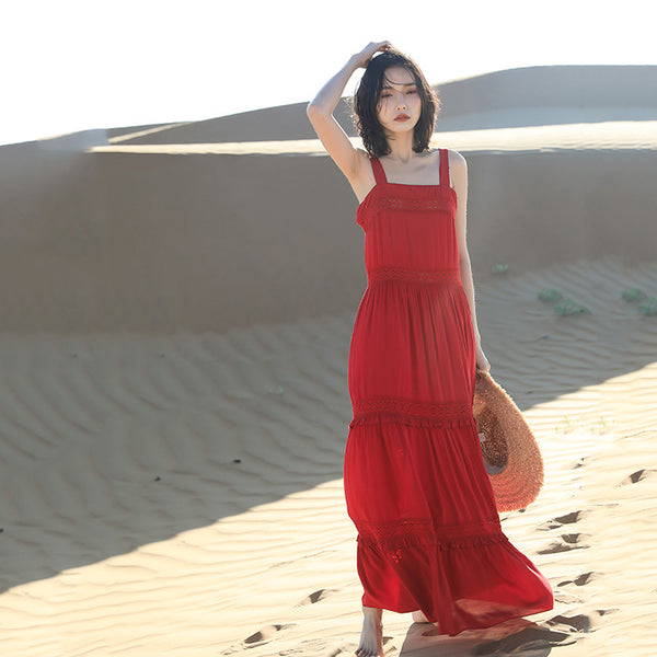 Chic Fairy Beach Seaside Scoop neck Shoulder Strap Sleeveless Big Long Maxi Cake Dress