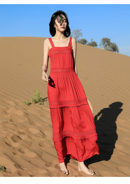 Chic Fairy Beach Seaside Scoop neck Shoulder Strap Sleeveless Big Long Maxi Cake Dress