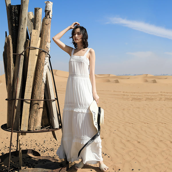 Chic Fairy Beach Seaside Scoop neck Shoulder Strap Sleeveless Big Long Maxi Cake Dress