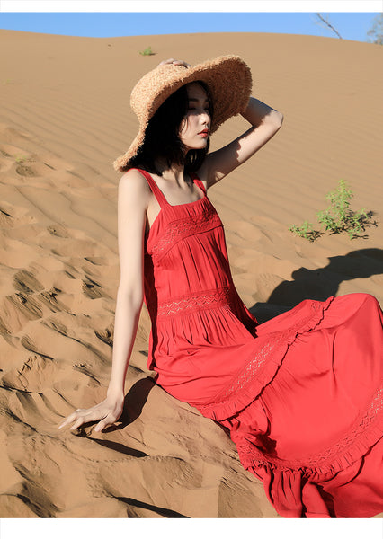 Chic Fairy Beach Seaside Scoop neck Shoulder Strap Sleeveless Big Long Maxi Cake Dress