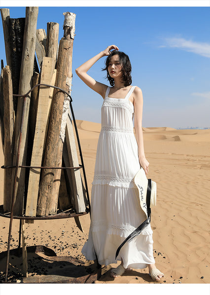Chic Fairy Beach Seaside Scoop neck Shoulder Strap Sleeveless Big Long Maxi Cake Dress