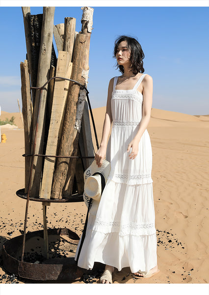 Chic Fairy Beach Seaside Scoop neck Shoulder Strap Sleeveless Big Long Maxi Cake Dress