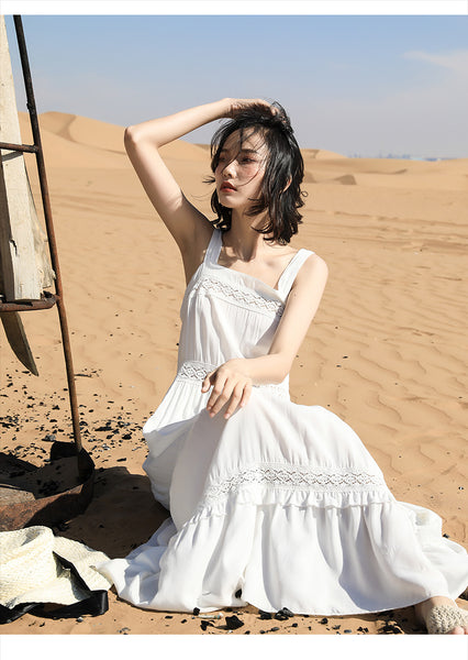Chic Fairy Beach Seaside Scoop neck Shoulder Strap Sleeveless Big Long Maxi Cake Dress