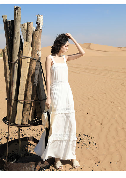 Chic Fairy Beach Seaside Scoop neck Shoulder Strap Sleeveless Big Long Maxi Cake Dress