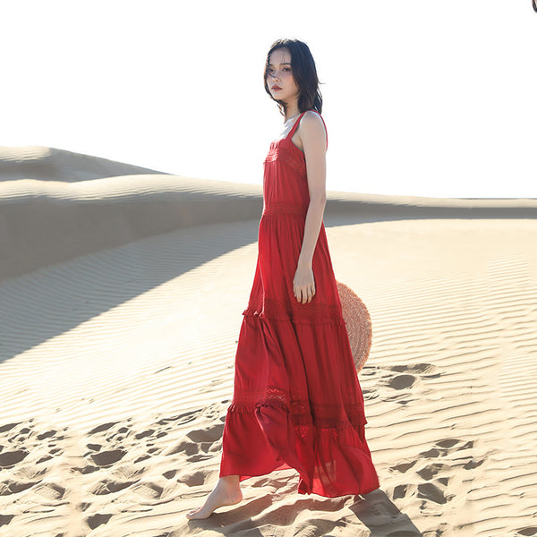 Chic Fairy Beach Seaside Scoop neck Shoulder Strap Sleeveless Big Long Maxi Cake Dress