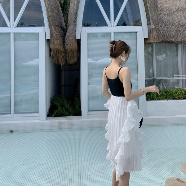 Retro Vintage Bohemian Seaside Holiday Beach Spaghetti Strap Ruffled Lotus Leaf Stitching Pleated V Neck Dress