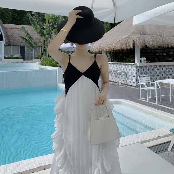 Retro Vintage Bohemian Seaside Holiday Beach Spaghetti Strap Ruffled Lotus Leaf Stitching Pleated V Neck Dress
