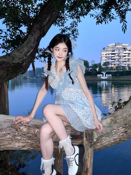 Retro Multi Layer Pleated Lotus Leaf V Neck Short Sleeve Floral Cake Cosplay Role Play Dress
