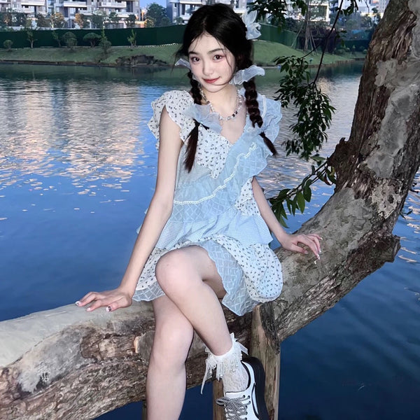 Retro Multi Layer Pleated Lotus Leaf V Neck Short Sleeve Floral Cake Cosplay Role Play Dress