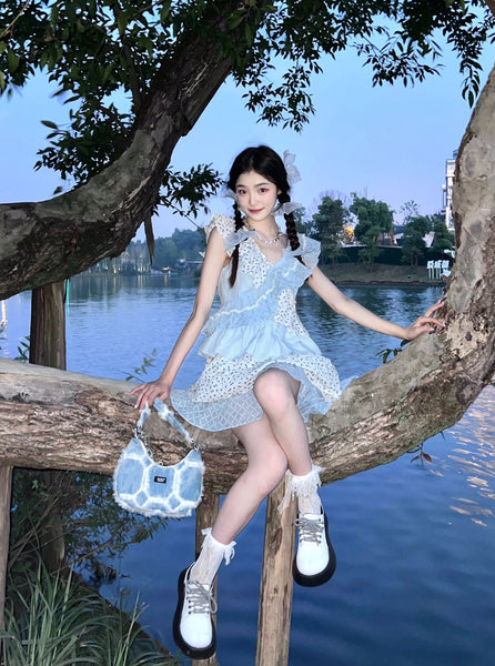 Retro Multi Layer Pleated Lotus Leaf V Neck Short Sleeve Floral Cake Cosplay Role Play Dress