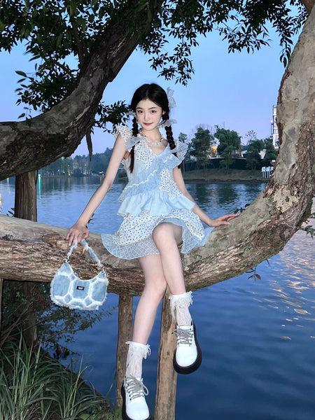 Retro Multi Layer Pleated Lotus Leaf V Neck Short Sleeve Floral Cake Cosplay Role Play Dress