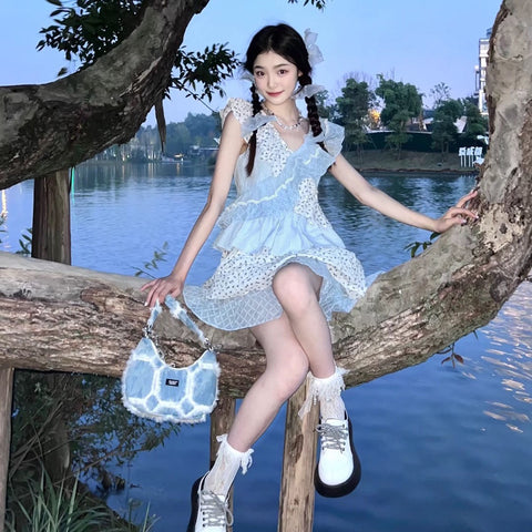 Retro Multi Layer Pleated Lotus Leaf V Neck Short Sleeve Floral Cake Cosplay Role Play Dress
