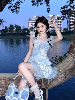 Retro Multi Layer Pleated Lotus Leaf V Neck Short Sleeve Floral Cake Cosplay Role Play Dress