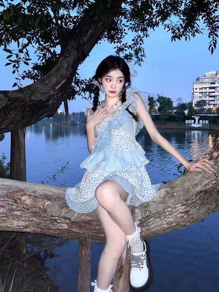 Retro Multi Layer Pleated Lotus Leaf V Neck Short Sleeve Floral Cake Cosplay Role Play Dress
