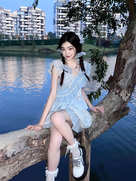 Retro Multi Layer Pleated Lotus Leaf V Neck Short Sleeve Floral Cake Cosplay Role Play Dress