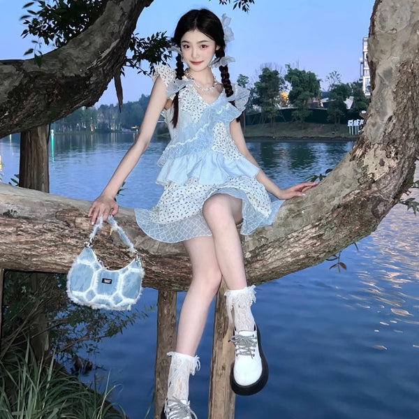 Retro Multi Layer Pleated Lotus Leaf V Neck Short Sleeve Floral Cake Cosplay Role Play Dress