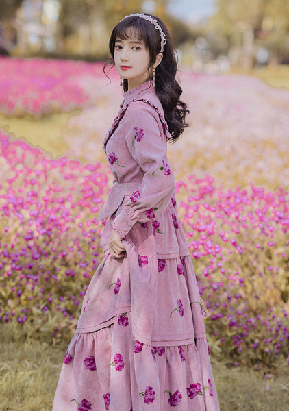 Retro Top Pleated Long Lantern Sleeve High Waist Floral Print Maxi A Line Cake Dress