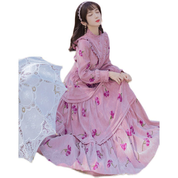 Retro Top Pleated Long Lantern Sleeve High Waist Floral Print Maxi A Line Cake Dress