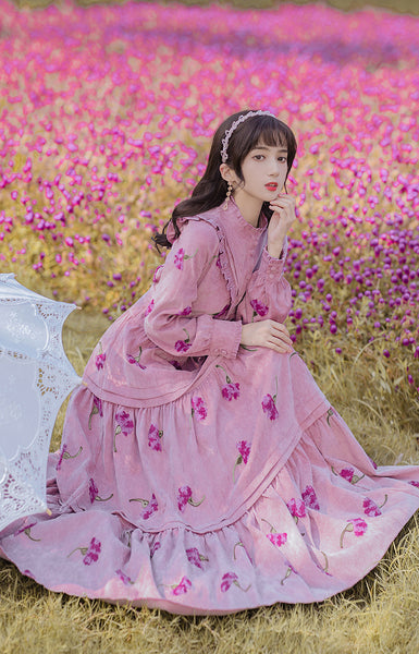 Retro Top Pleated Long Lantern Sleeve High Waist Floral Print Maxi A Line Cake Dress