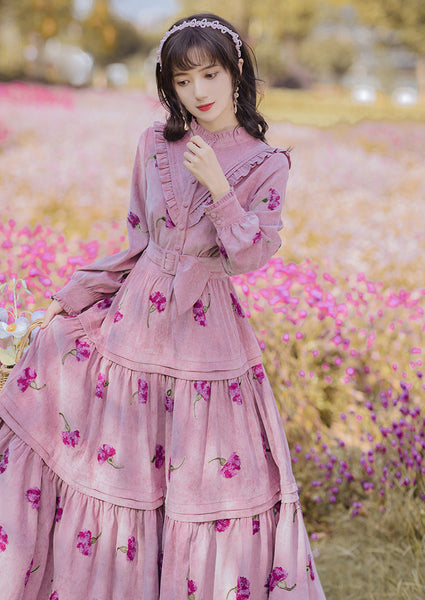 Retro Top Pleated Long Lantern Sleeve High Waist Floral Print Maxi A Line Cake Dress