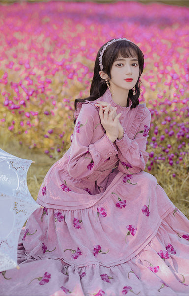 Retro Top Pleated Long Lantern Sleeve High Waist Floral Print Maxi A Line Cake Dress