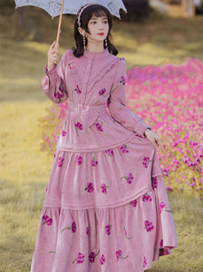 Retro Top Pleated Long Lantern Sleeve High Waist Floral Print Maxi A Line Cake Dress