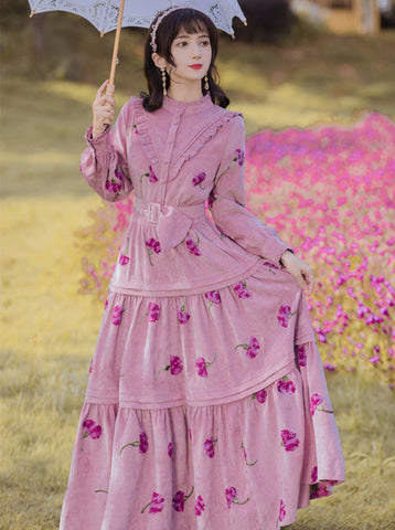 Retro Top Pleated Long Lantern Sleeve High Waist Floral Print Maxi A Line Cake Dress