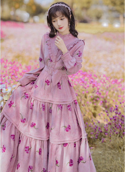 Retro Top Pleated Long Lantern Sleeve High Waist Floral Print Maxi A Line Cake Dress