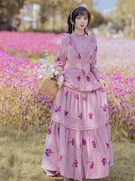 Retro Top Pleated Long Lantern Sleeve High Waist Floral Print Maxi A Line Cake Dress