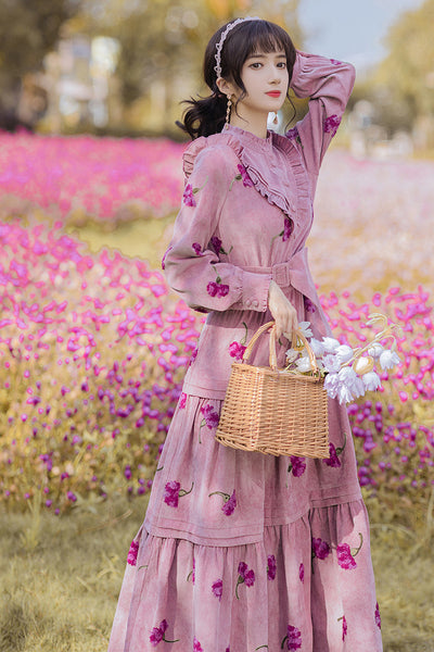 Retro Top Pleated Long Lantern Sleeve High Waist Floral Print Maxi A Line Cake Dress