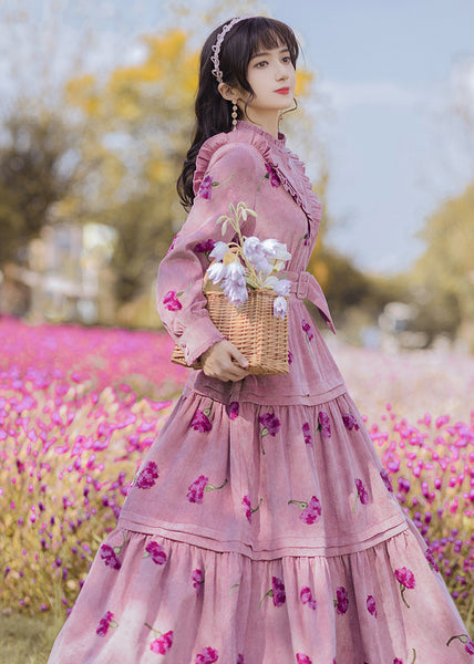 Retro Top Pleated Long Lantern Sleeve High Waist Floral Print Maxi A Line Cake Dress