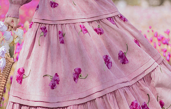 Retro Top Pleated Long Lantern Sleeve High Waist Floral Print Maxi A Line Cake Dress