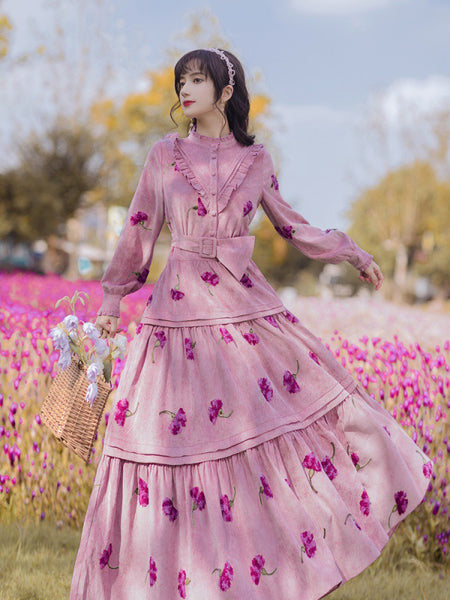 Retro Top Pleated Long Lantern Sleeve High Waist Floral Print Maxi A Line Cake Dress