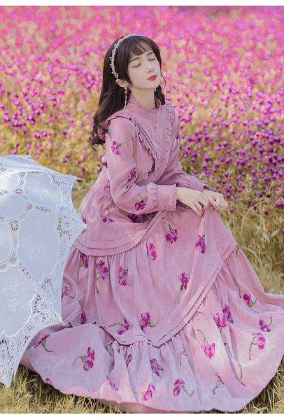 Retro Top Pleated Long Lantern Sleeve High Waist Floral Print Maxi A Line Cake Dress