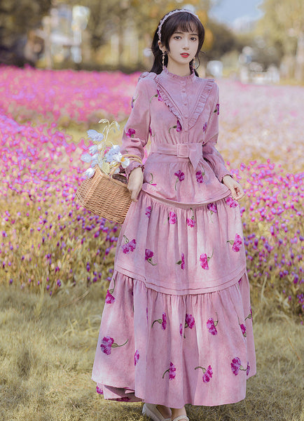Retro Top Pleated Long Lantern Sleeve High Waist Floral Print Maxi A Line Cake Dress