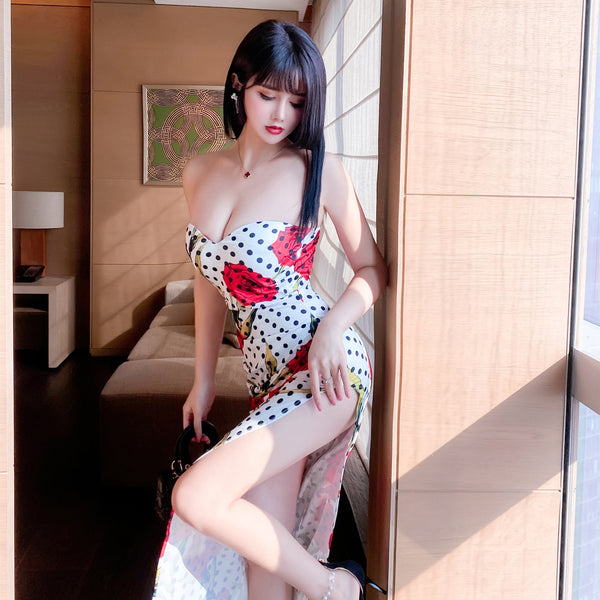 Sexy Retro Vintage Off Shoulder Strapless Sweetheart Neckline Floral Printed Side Split Tight Dress