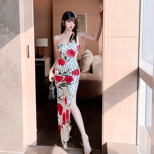 Sexy Retro Vintage Off Shoulder Strapless Sweetheart Neckline Floral Printed Side Split Tight Dress