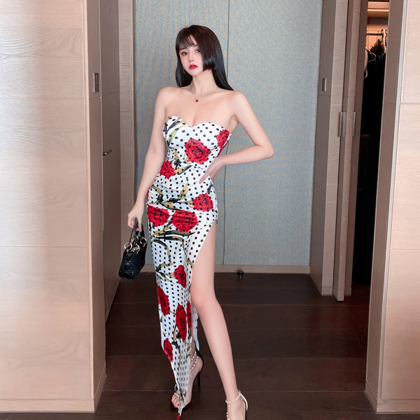 Sexy Retro Vintage Off Shoulder Strapless Sweetheart Neckline Floral Printed Side Split Tight Dress