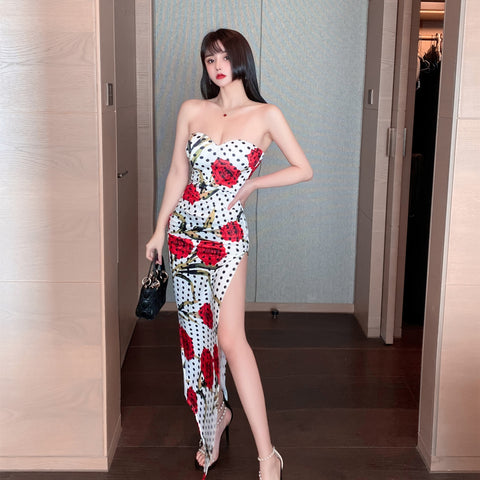 Sexy Retro Vintage Off Shoulder Strapless Sweetheart Neckline Floral Printed Side Split Tight Dress