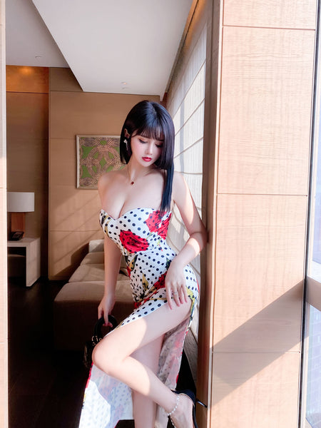 Sexy Retro Vintage Off Shoulder Strapless Sweetheart Neckline Floral Printed Side Split Tight Dress