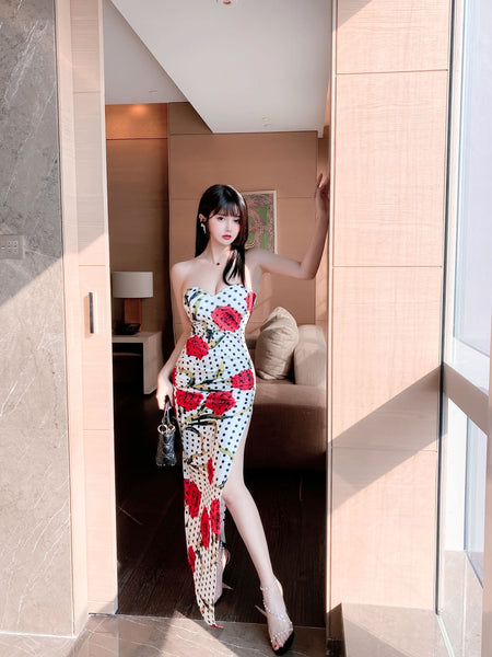 Sexy Retro Vintage Off Shoulder Strapless Sweetheart Neckline Floral Printed Side Split Tight Dress