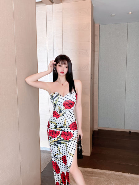 Sexy Retro Vintage Off Shoulder Strapless Sweetheart Neckline Floral Printed Side Split Tight Dress