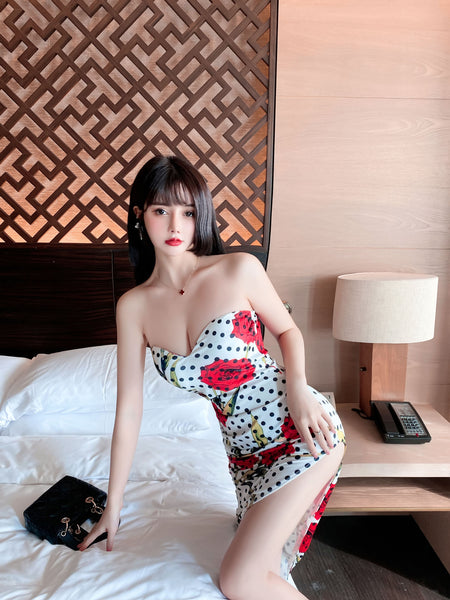 Sexy Retro Vintage Off Shoulder Strapless Sweetheart Neckline Floral Printed Side Split Tight Dress