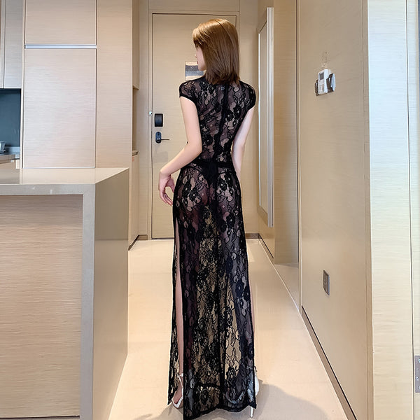 Temperament See Through V Neck Front Open Stand Collar High Side Split Lace Cheongsam Dress