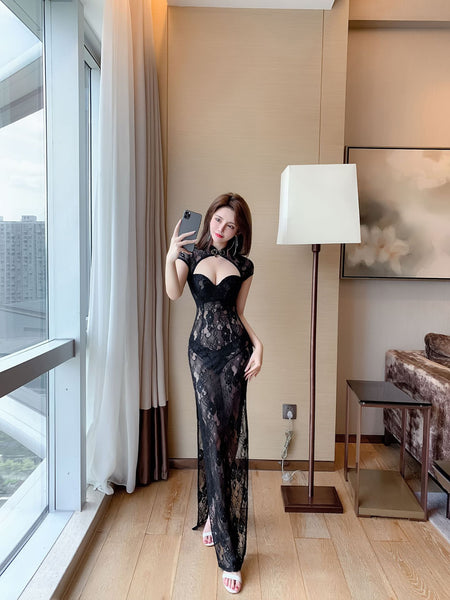 Temperament See Through V Neck Front Open Stand Collar High Side Split Lace Cheongsam Dress